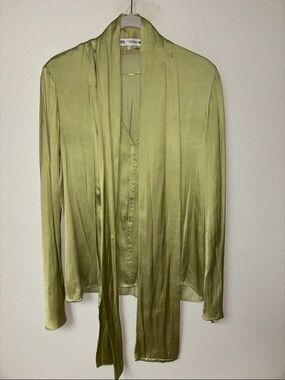Zara Olive Green Satin Tie-Neck Blouse